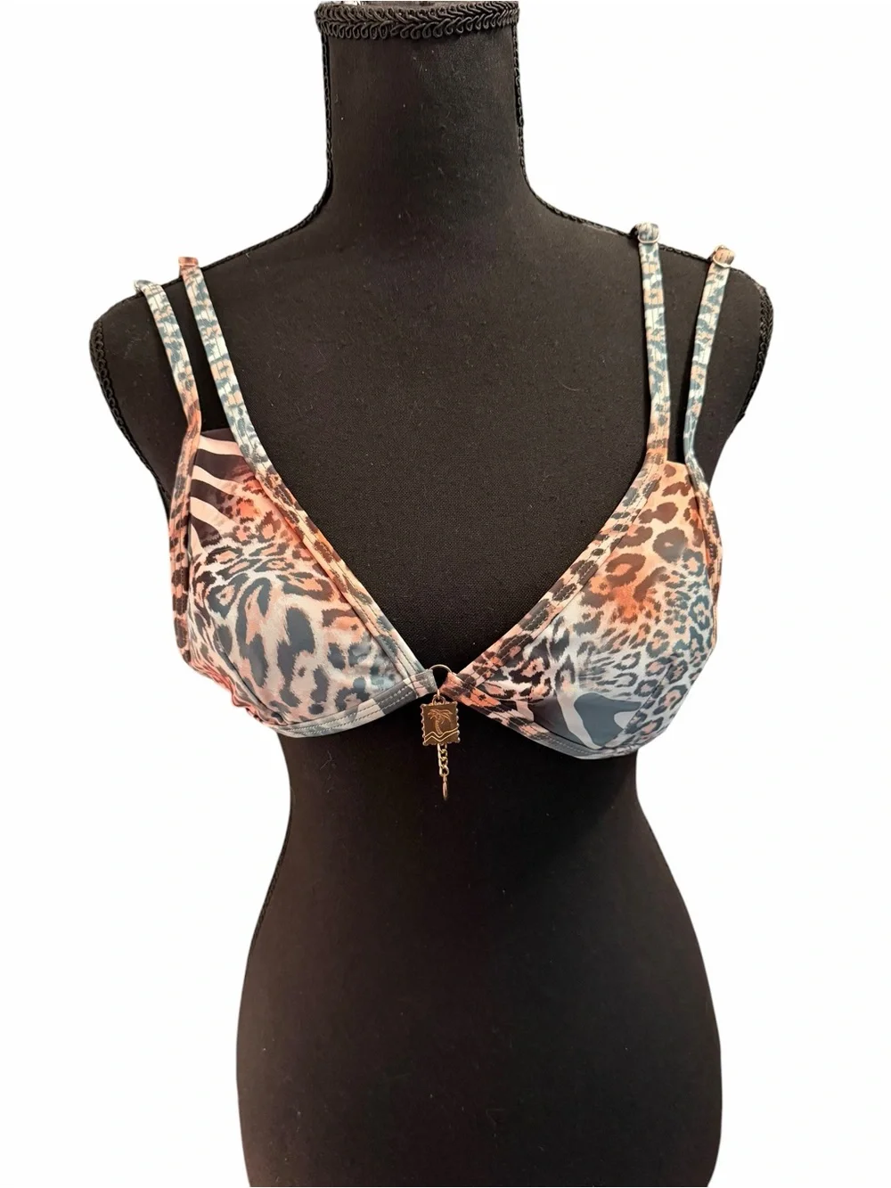 SHEIN Blue & Brown Leopard Print Bikini with Gold Jewelry Charms size XS